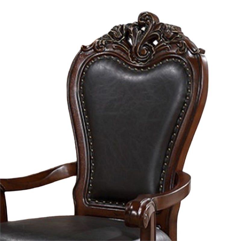 Zenie Dining Armchair Set of 2- Carved Cabriole- Faux Leather- Cherry Brown