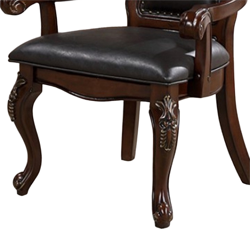 Zenie Dining Armchair Set of 2- Carved Cabriole- Faux Leather- Cherry Brown