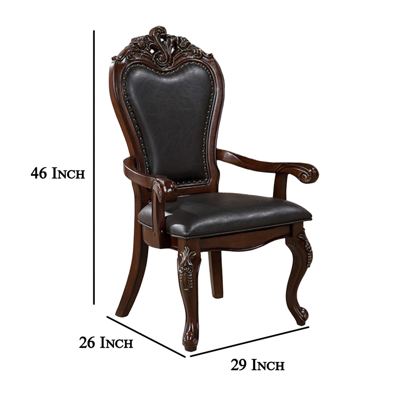 Zenie Dining Armchair Set of 2- Carved Cabriole- Faux Leather- Cherry Brown