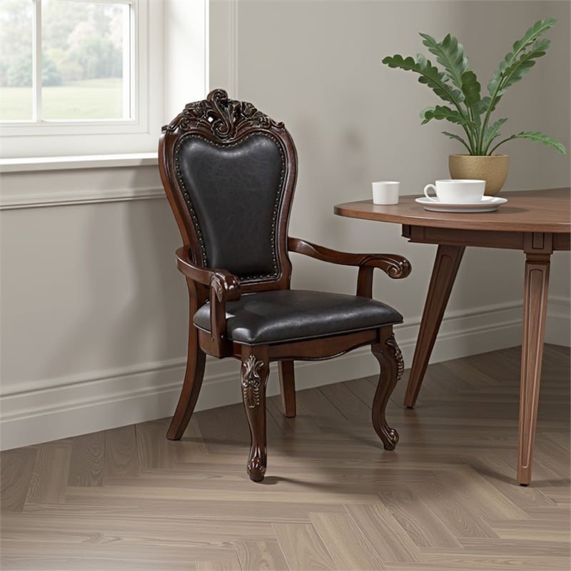 Zenie Dining Armchair Set of 2- Carved Cabriole- Faux Leather- Cherry Brown
