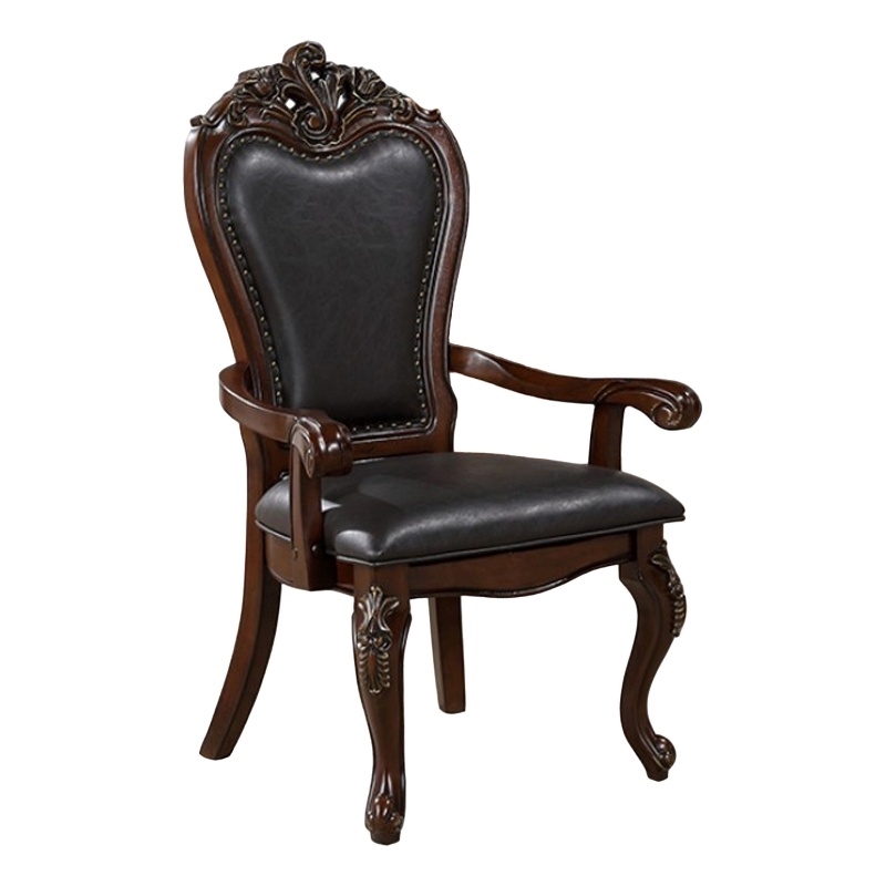 Zenie Dining Armchair Set of 2- Carved Cabriole- Faux Leather- Cherry Brown