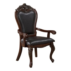 Zenie Dining Armchair Set of 2- Carved Cabriole- Faux Leather- Cherry Brown