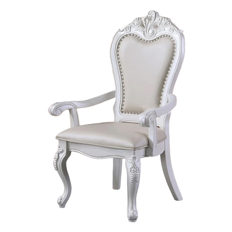Zenie Dining Armchair Set of 2- Carved Cabriole- Faux Leather- White Wood