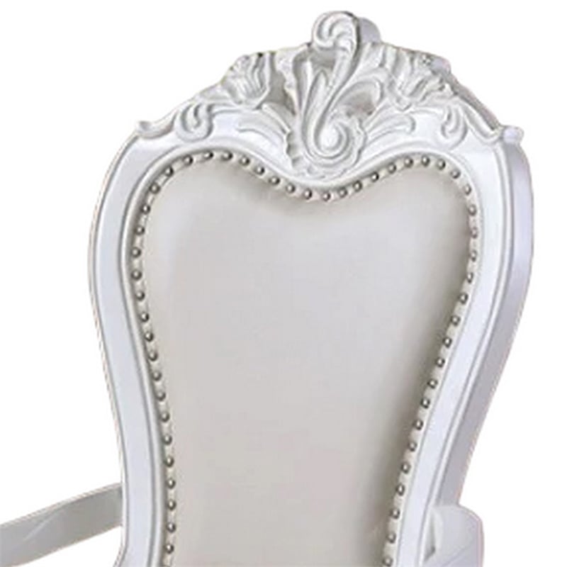 Zenie Dining Armchair Set of 2- Carved Cabriole- Faux Leather- White Wood