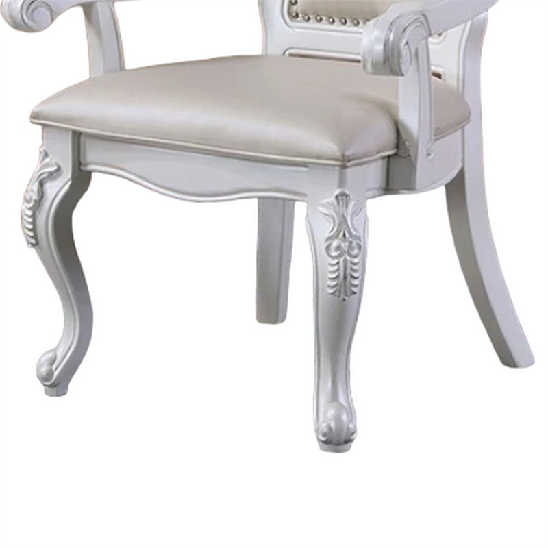 Zenie Dining Armchair Set of 2- Carved Cabriole- Faux Leather- White Wood
