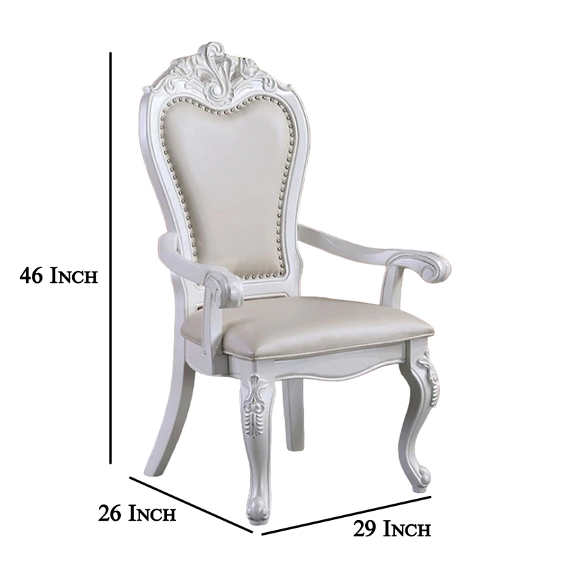 Zenie Dining Armchair Set of 2- Carved Cabriole- Faux Leather- White Wood