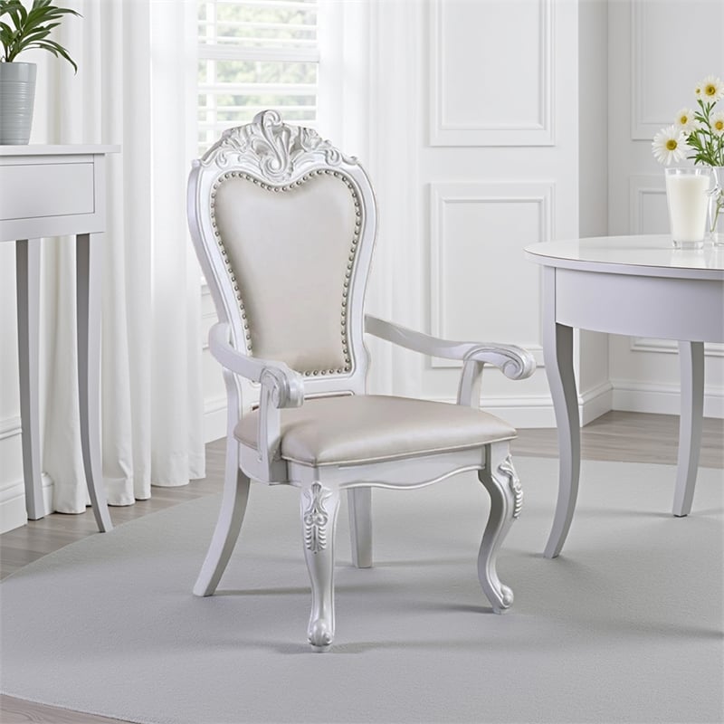 Zenie Dining Armchair Set of 2- Carved Cabriole- Faux Leather- White Wood