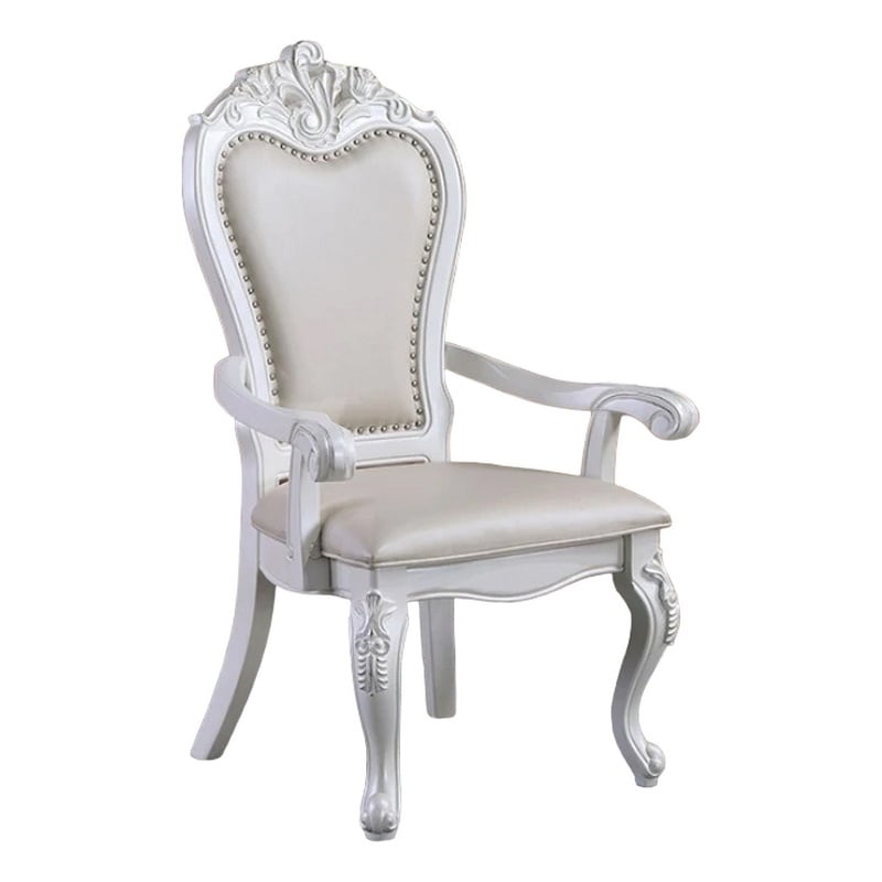 Zenie Dining Armchair Set of 2- Carved Cabriole- Faux Leather- White Wood