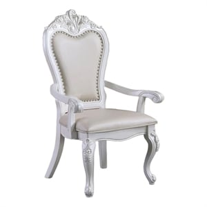 Zenie Dining Armchair Set of 2- Carved Cabriole- Faux Leather- White Wood