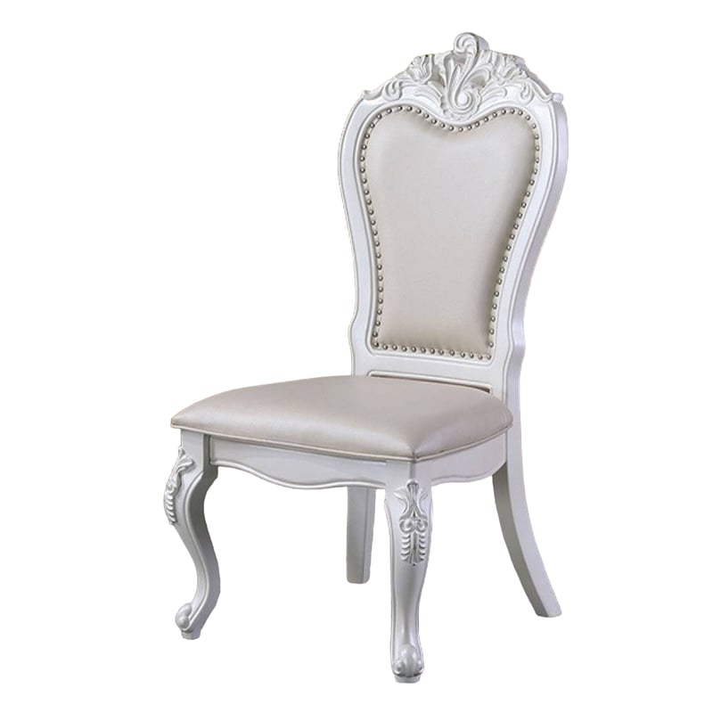 Zenie Dining Side Chair Set of 2- Carved Cabriole- Faux Leather- White Wood