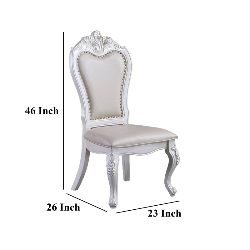 Zenie Dining Side Chair Set of 2- Carved Cabriole- Faux Leather- White Wood