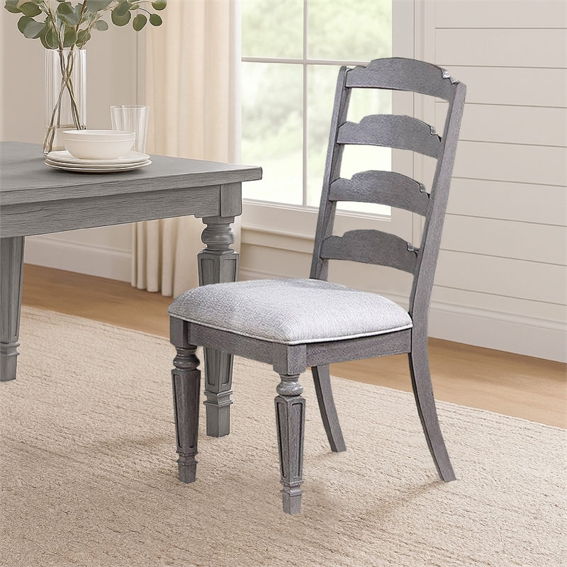 Winie Dining Side Chair Set of 2- Carved- Ladder Back- Light Gray Wood