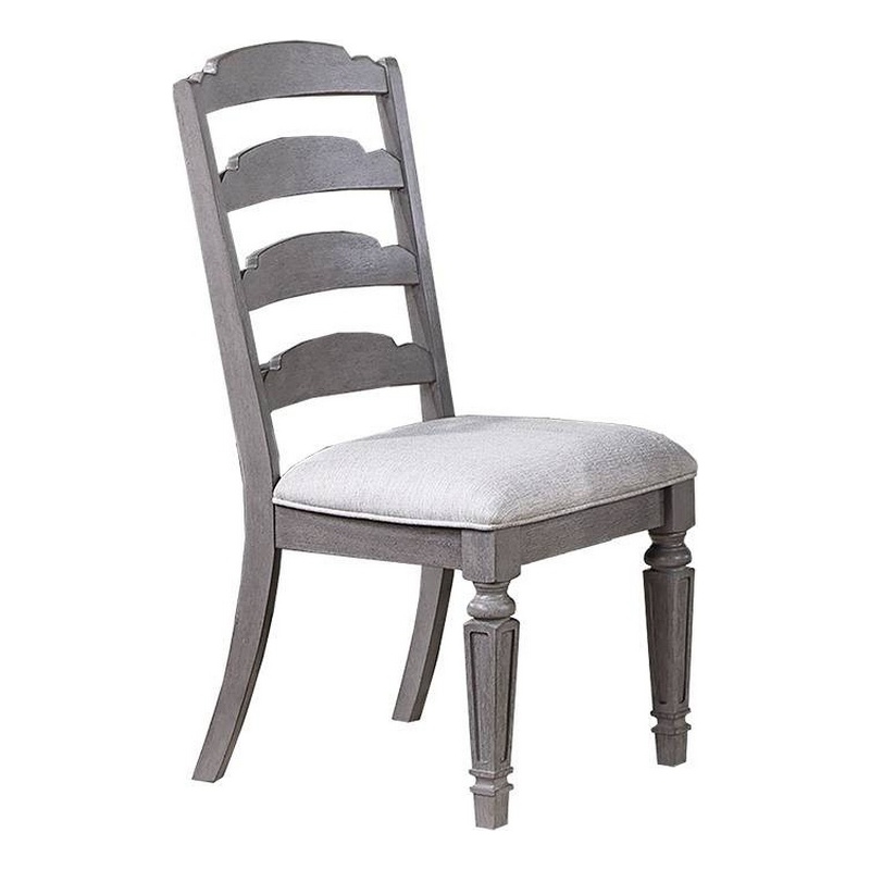 Winie Dining Side Chair Set of 2- Carved- Ladder Back- Light Gray Wood