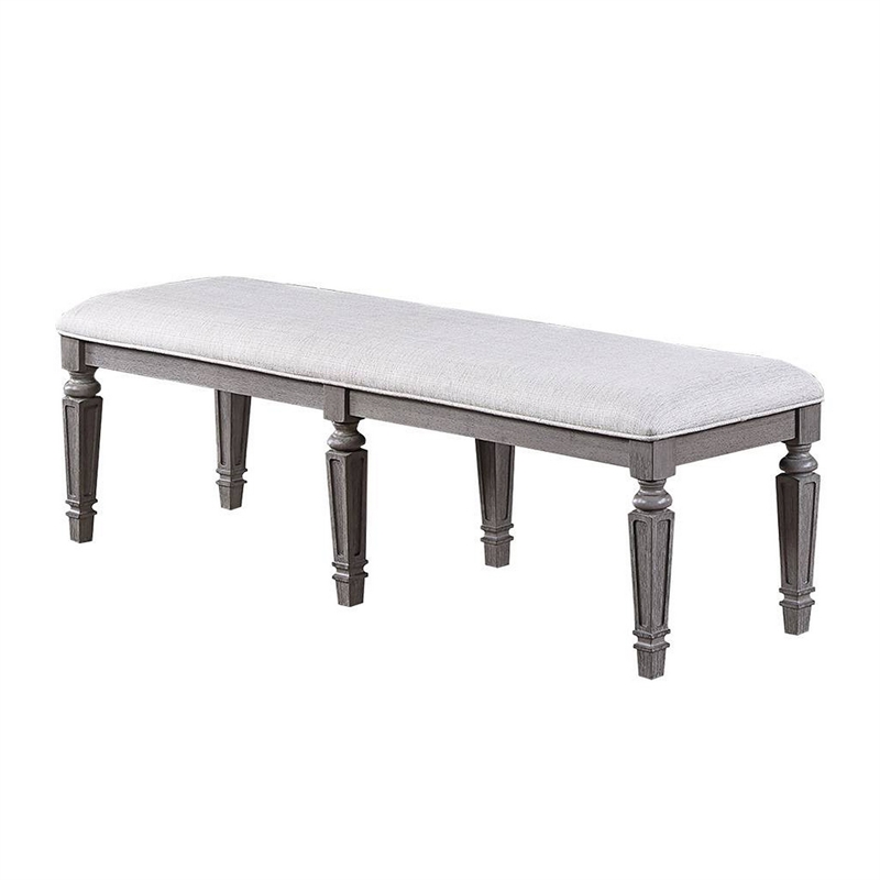 Winie Dining Bench with Turned Legs- 64 Inch Gray Wood and Fabric