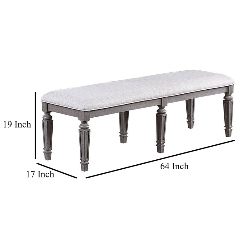 Winie Dining Bench with Turned Legs- 64 Inch Gray Wood and Fabric