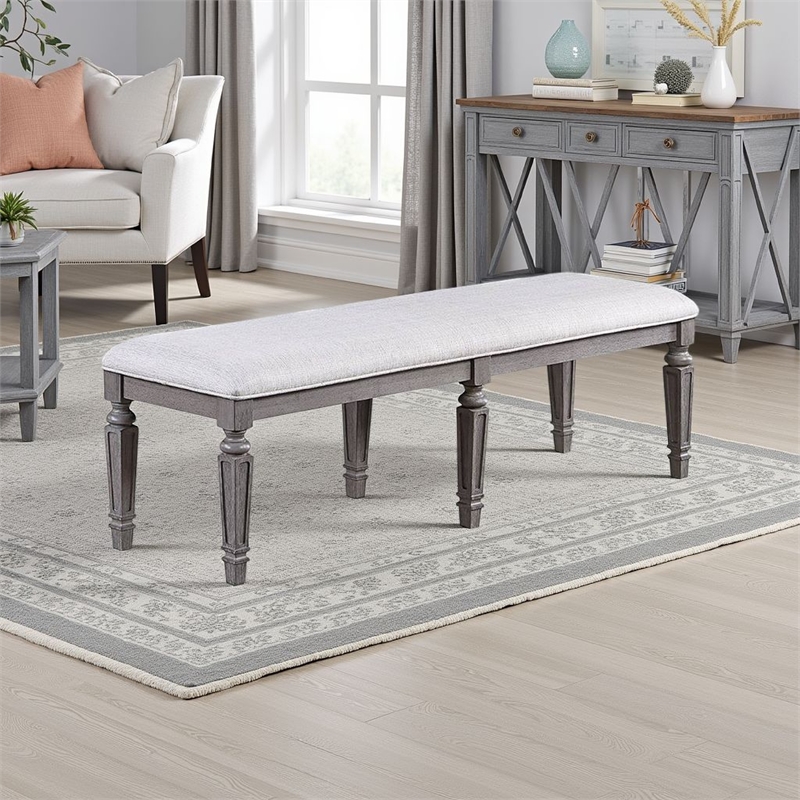 Winie Dining Bench with Turned Legs- 64 Inch Gray Wood and Fabric