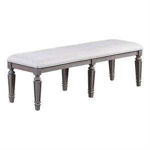 Winie Dining Bench with Turned Legs- 64 Inch Gray Wood and Fabric
