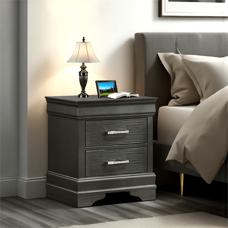 Jean Nightstand- 2 Drawers- Curved Frame- 24 Inch Dark Gray Solid Wood