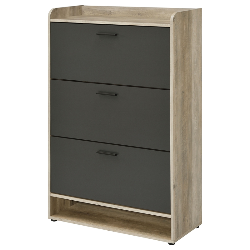 Danny Shoe Storage Cabinet- 3 Tiered- Bottom Shelf- Antiqued Gray Pine