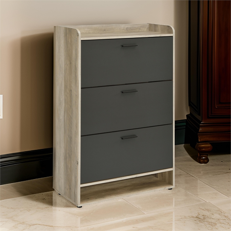 Danny Shoe Storage Cabinet- 3 Tiered- Bottom Shelf- Antiqued Gray Pine