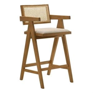 Jane Barstool Chair Set of 2- Sand Beige Rattan- Walnut Brown Solid Wood
