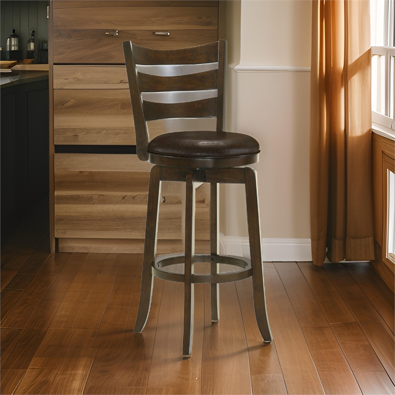 Mona Swivel Barstool Chair- Dark Brown Faux Leather- Cherry Brown Wood