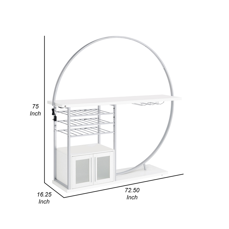 Riya Home Bar Table- LED Light- Cabinets- Wine Storage- White- Chrome Metal