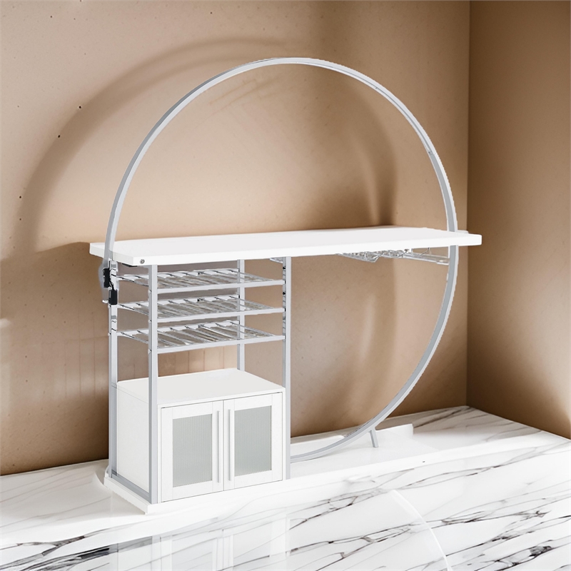 Riya Home Bar Table- LED Light- Cabinets- Wine Storage- White- Chrome Metal