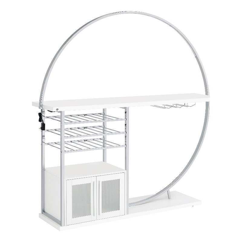 Riya Home Bar Table- LED Light- Cabinets- Wine Storage- White- Chrome Metal