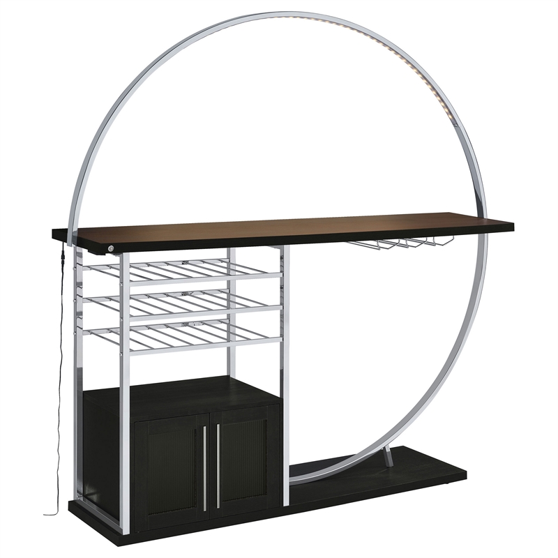 Riya Home Bar Table- LED Light- Cabinets- Wine Storage- Black- Chrome Metal