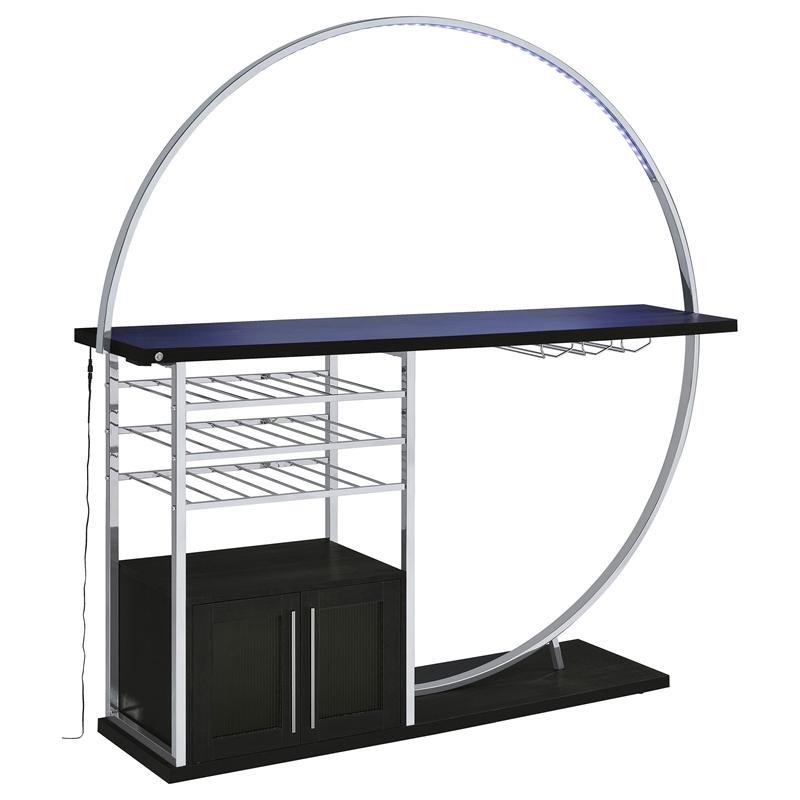 Riya Home Bar Table- LED Light- Cabinets- Wine Storage- Black- Chrome Metal