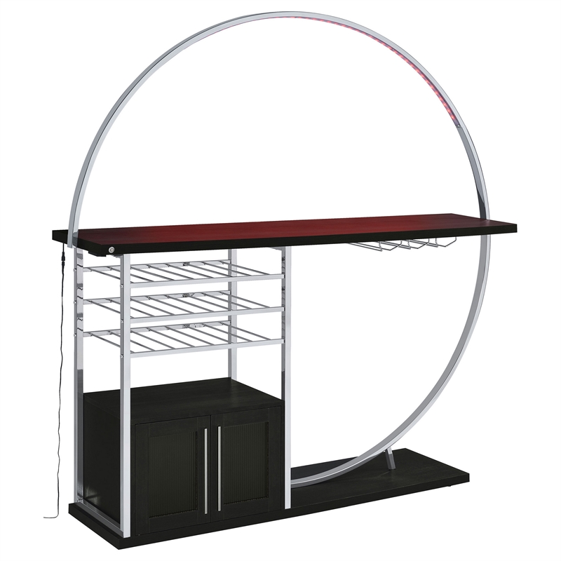 Riya Home Bar Table- LED Light- Cabinets- Wine Storage- Black- Chrome Metal