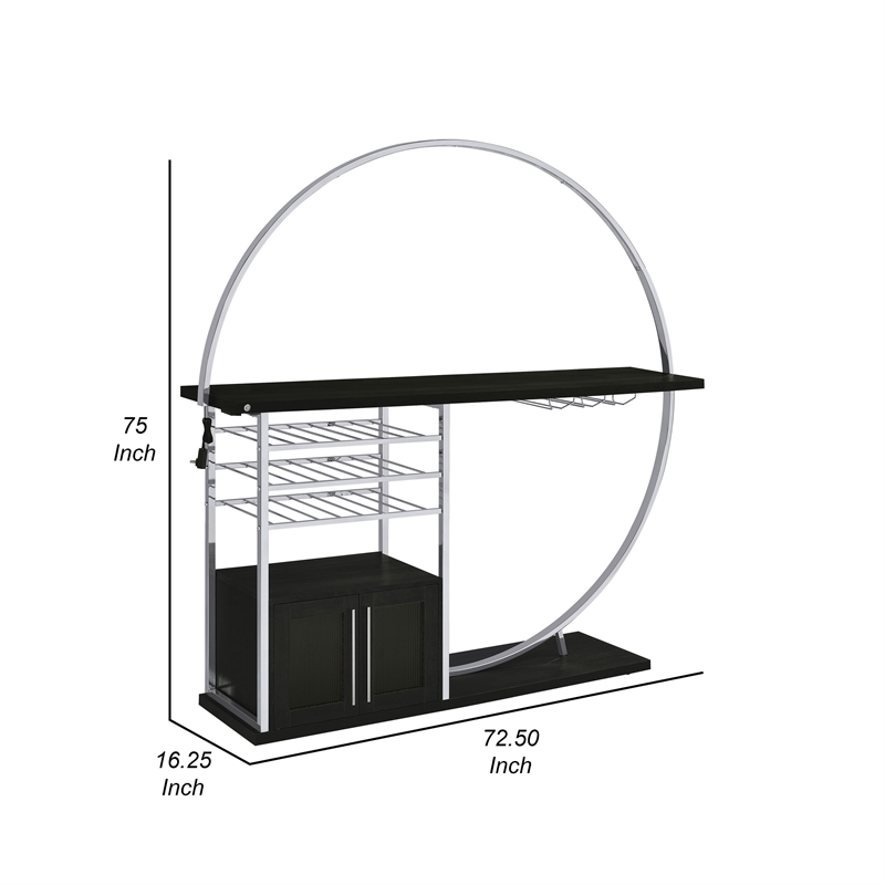 Riya Home Bar Table- LED Light- Cabinets- Wine Storage- Black- Chrome Metal