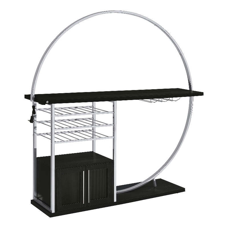 Riya Home Bar Table- LED Light- Cabinets- Wine Storage- Black- Chrome Metal