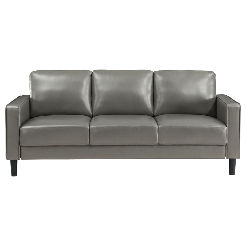 Rumi Sofa- Gray Faux Leather- Modern Track Arms- Foam Cushions- 77 Inch