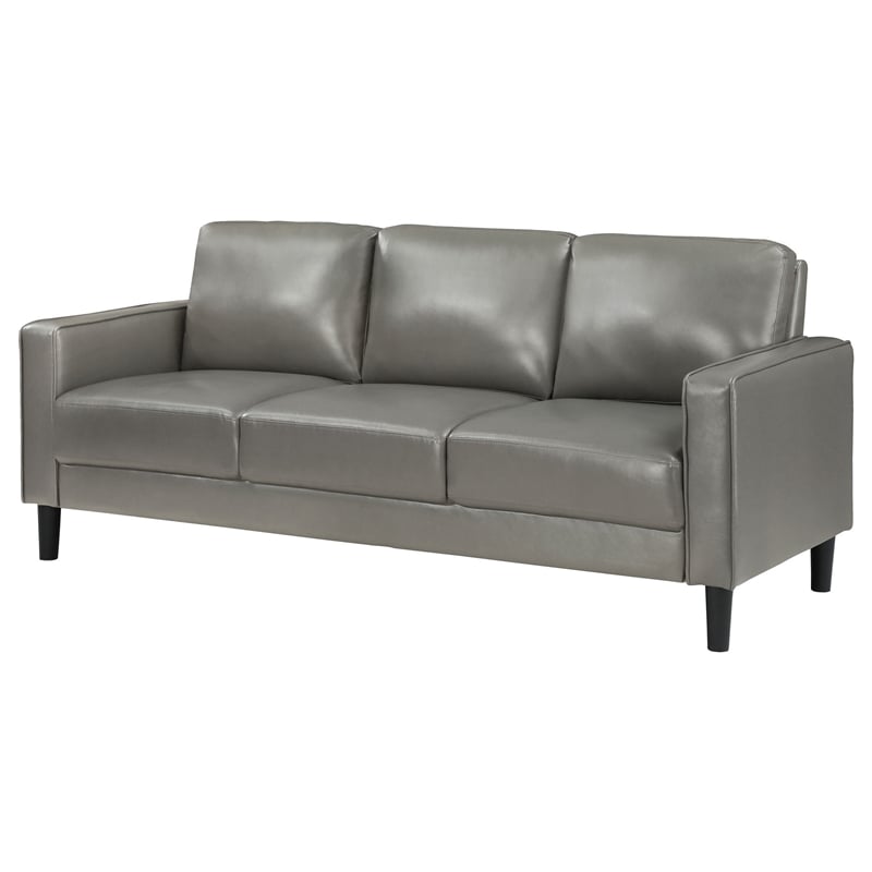 Rumi Sofa- Gray Faux Leather- Modern Track Arms- Foam Cushions- 77 Inch