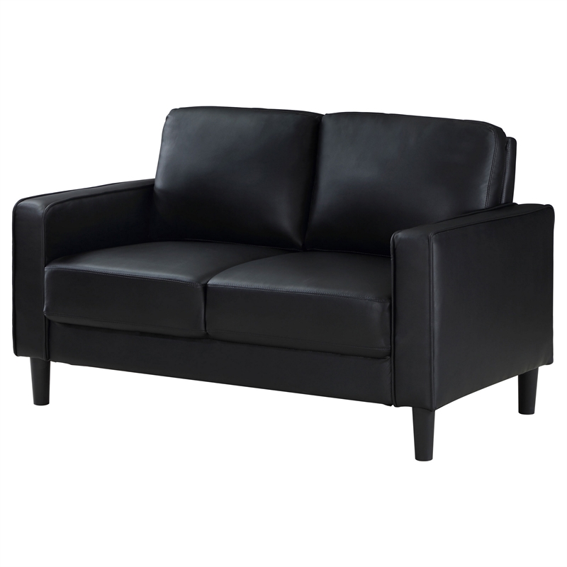 Rumi Loveseat- Black Faux Leather- Modern Track Style Arms- Foam- 54 Inch