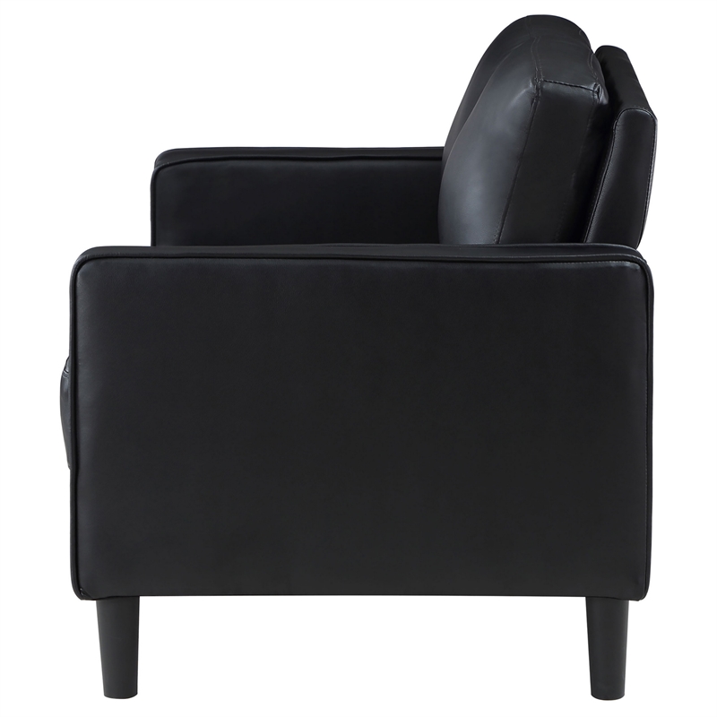 Rumi Loveseat- Black Faux Leather- Modern Track Style Arms- Foam- 54 Inch