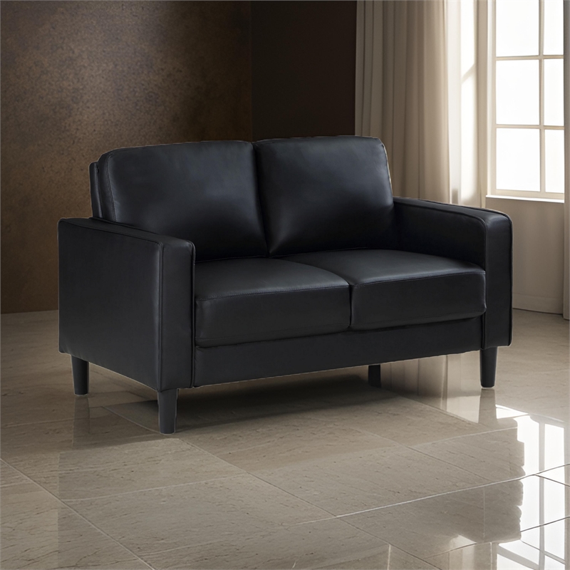 Rumi Loveseat- Black Faux Leather- Modern Track Style Arms- Foam- 54 Inch