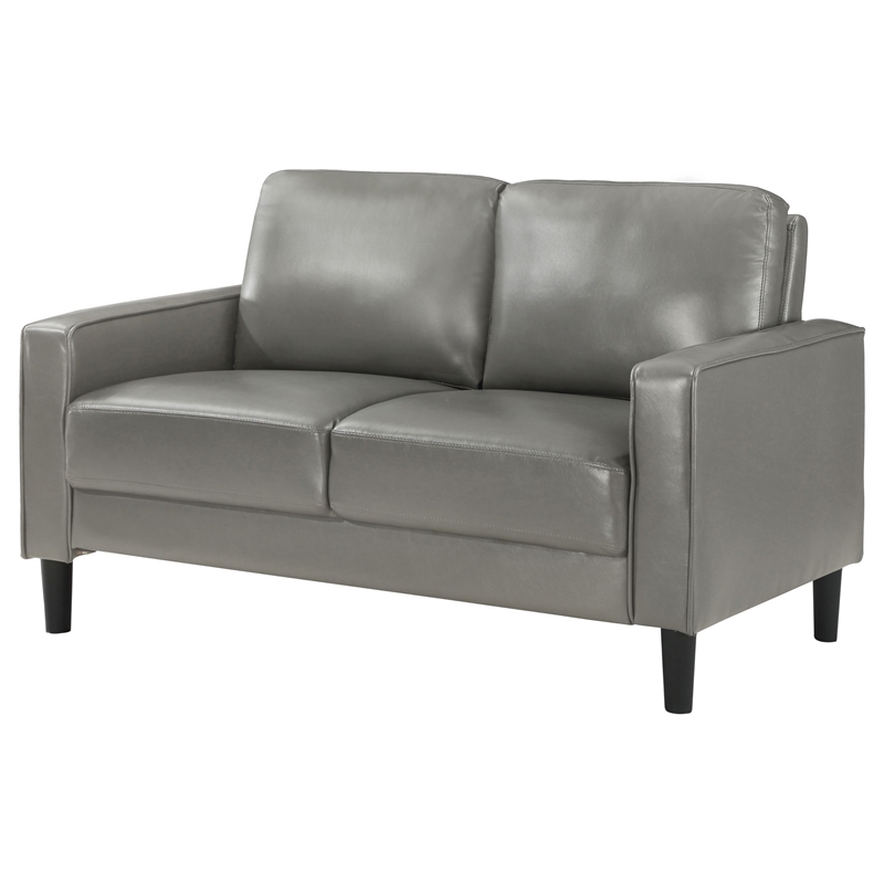 Rumi Loveseat- Gray Faux Leather- Modern Track Arms- Foam Cushions- 54 Inch