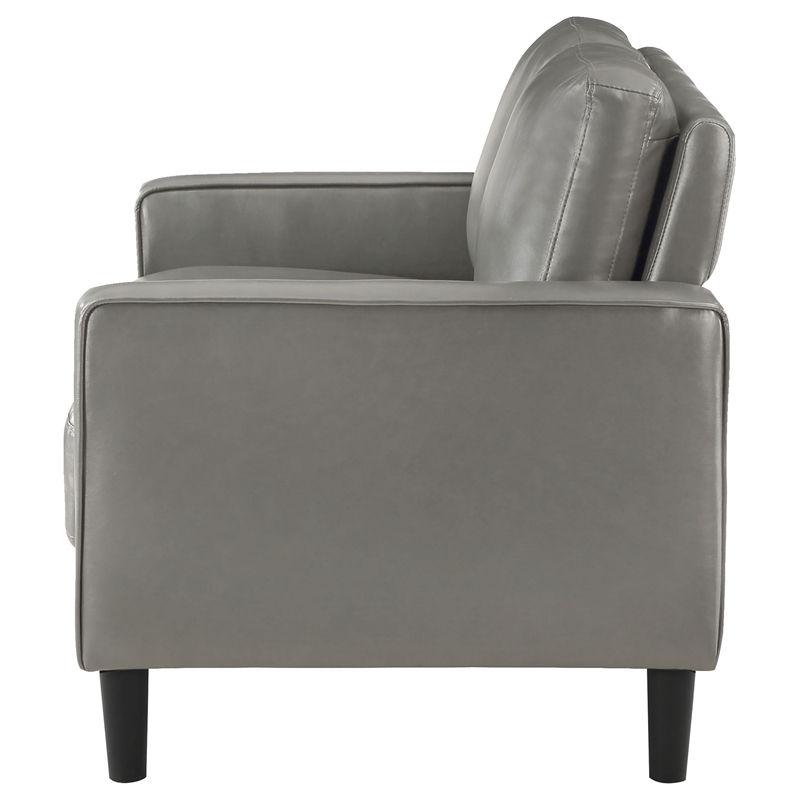Rumi Loveseat- Gray Faux Leather- Modern Track Arms- Foam Cushions- 54 Inch