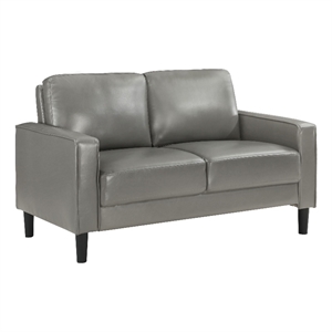 Rumi Loveseat- Gray Faux Leather- Modern Track Arms- Foam Cushions- 54 Inch