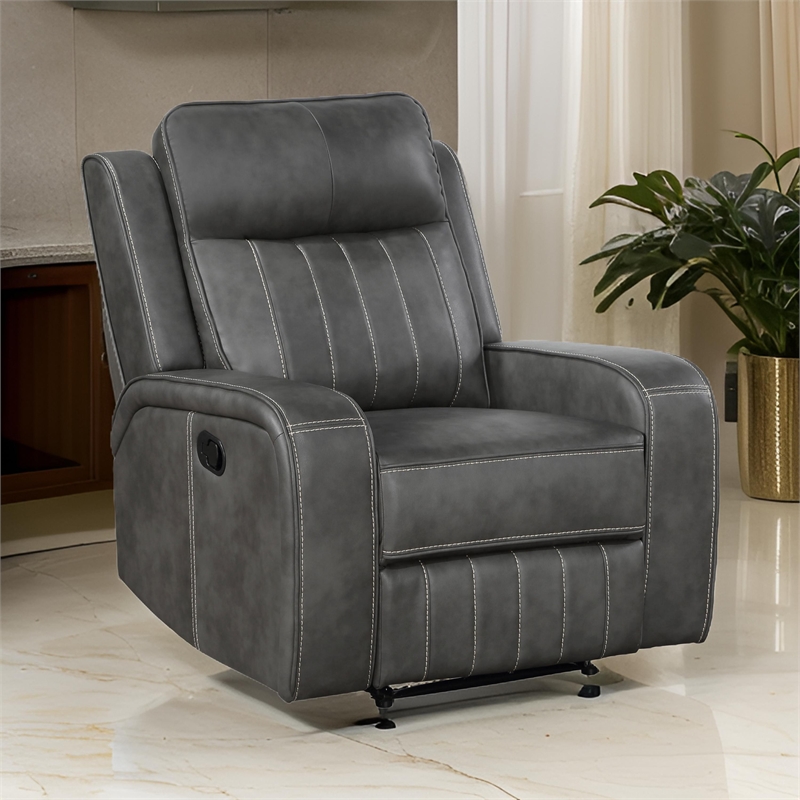 Josen Manual Recliner Chair- Gray Faux Leather- Cushioned Stitched Details