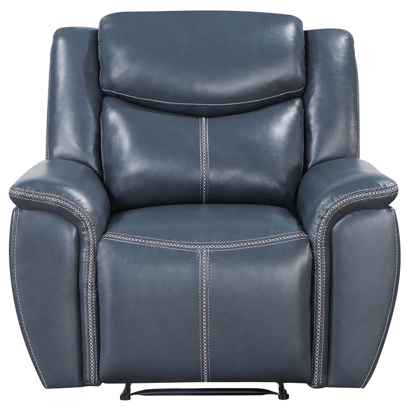 Eleni Manual Recliner Chair- Blue Faux Leather- Cushions- Stitching Detail