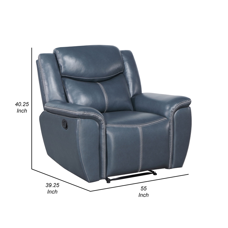 Eleni Manual Recliner Chair- Blue Faux Leather- Cushions- Stitching Detail