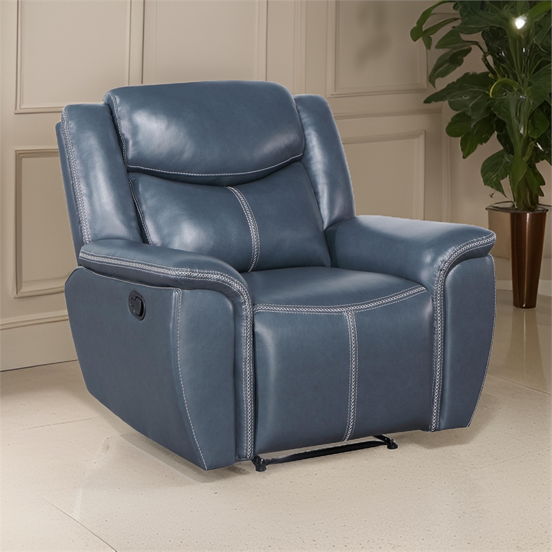 Eleni Manual Recliner Chair- Blue Faux Leather- Cushions- Stitching Detail