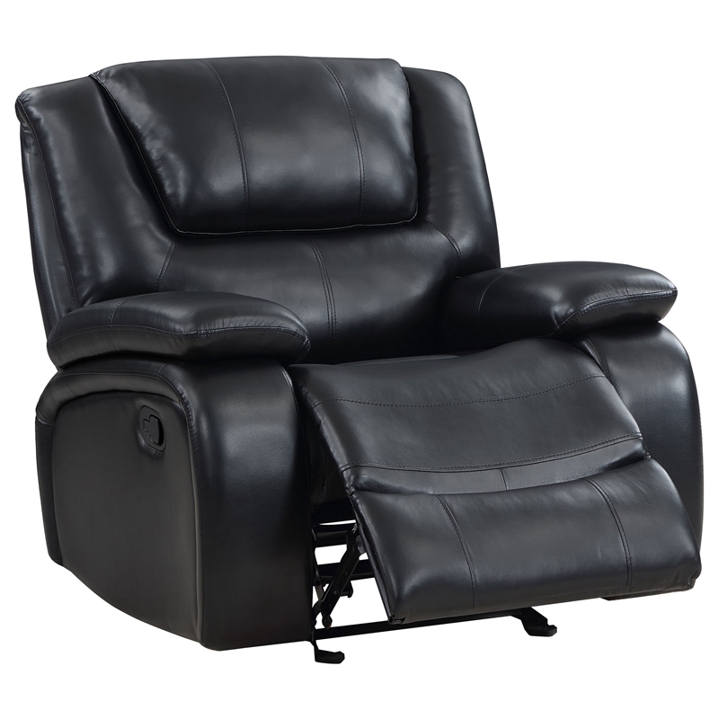 Mila Manual Glider Recliner Chair- Black Faux Leather- Pillow Top Arms