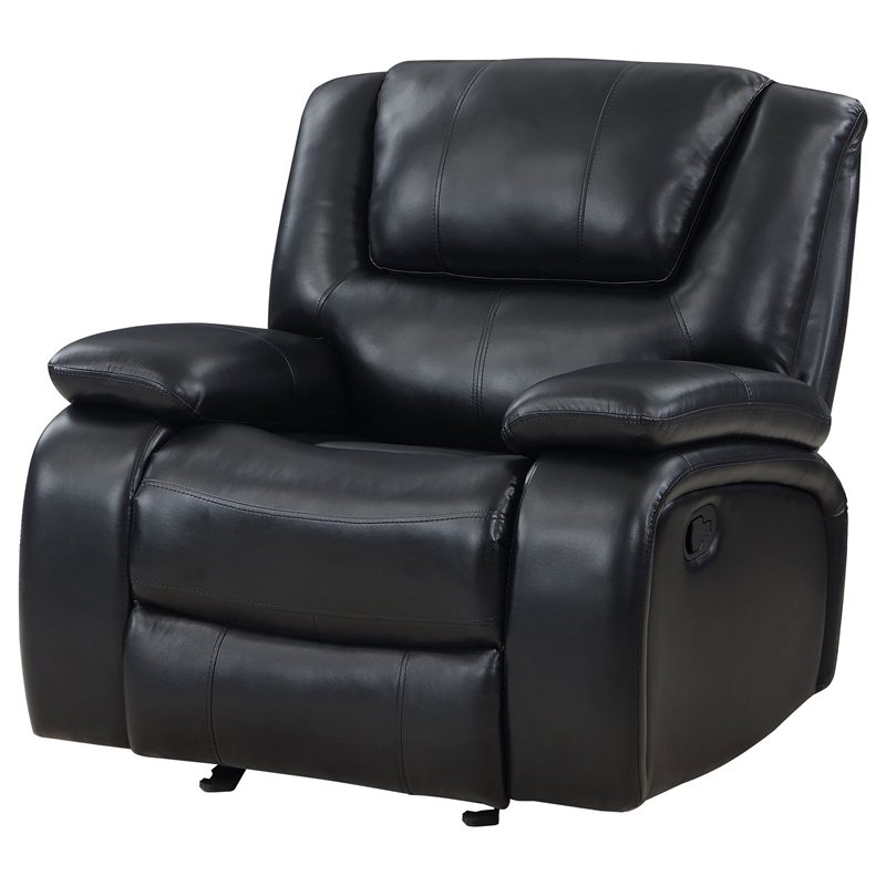 Mila Manual Glider Recliner Chair- Black Faux Leather- Pillow Top Arms