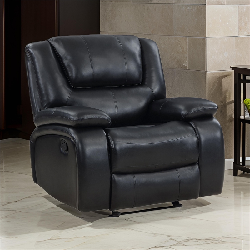 Mila Manual Glider Recliner Chair- Black Faux Leather- Pillow Top Arms