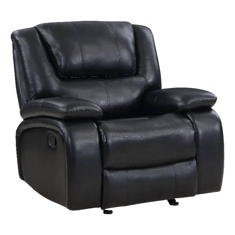 Mila Manual Glider Recliner Chair- Black Faux Leather- Pillow Top Arms